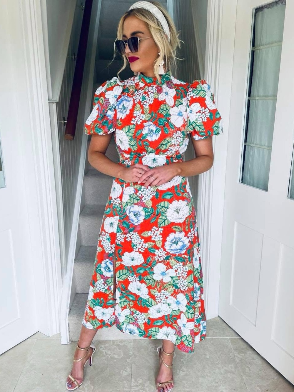 Floral print puff sleeve mock neck midi dress